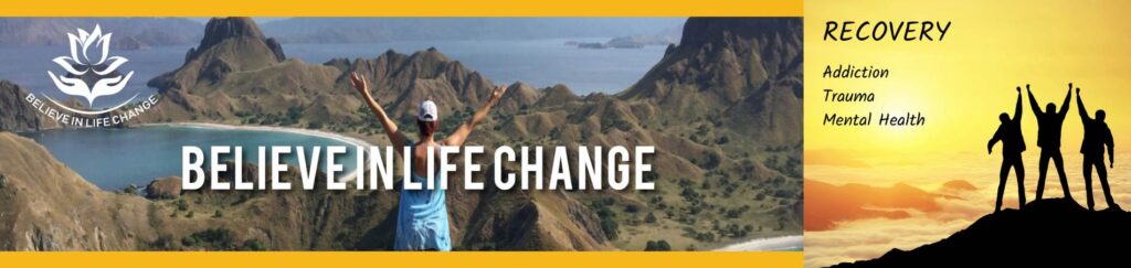 believe in life change logo of a lotus flower cradled in open hands. Mel stands on top of a small mountain in Padar, Indonesia. Also a pic of the men silhouetted on a mountain with the wordes recovery coach. Addiction, trauma and mental health showing.