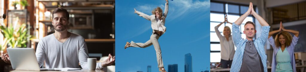 3 pics showing a business man meditating at his desk, a woman jumping over a building and 3 people in an office practicing yoga